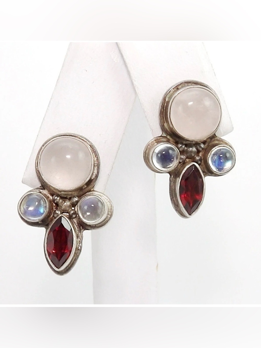 Vintage Sajen 925 Sterling Silver White Quartz Moonstone & Garnet Earrings